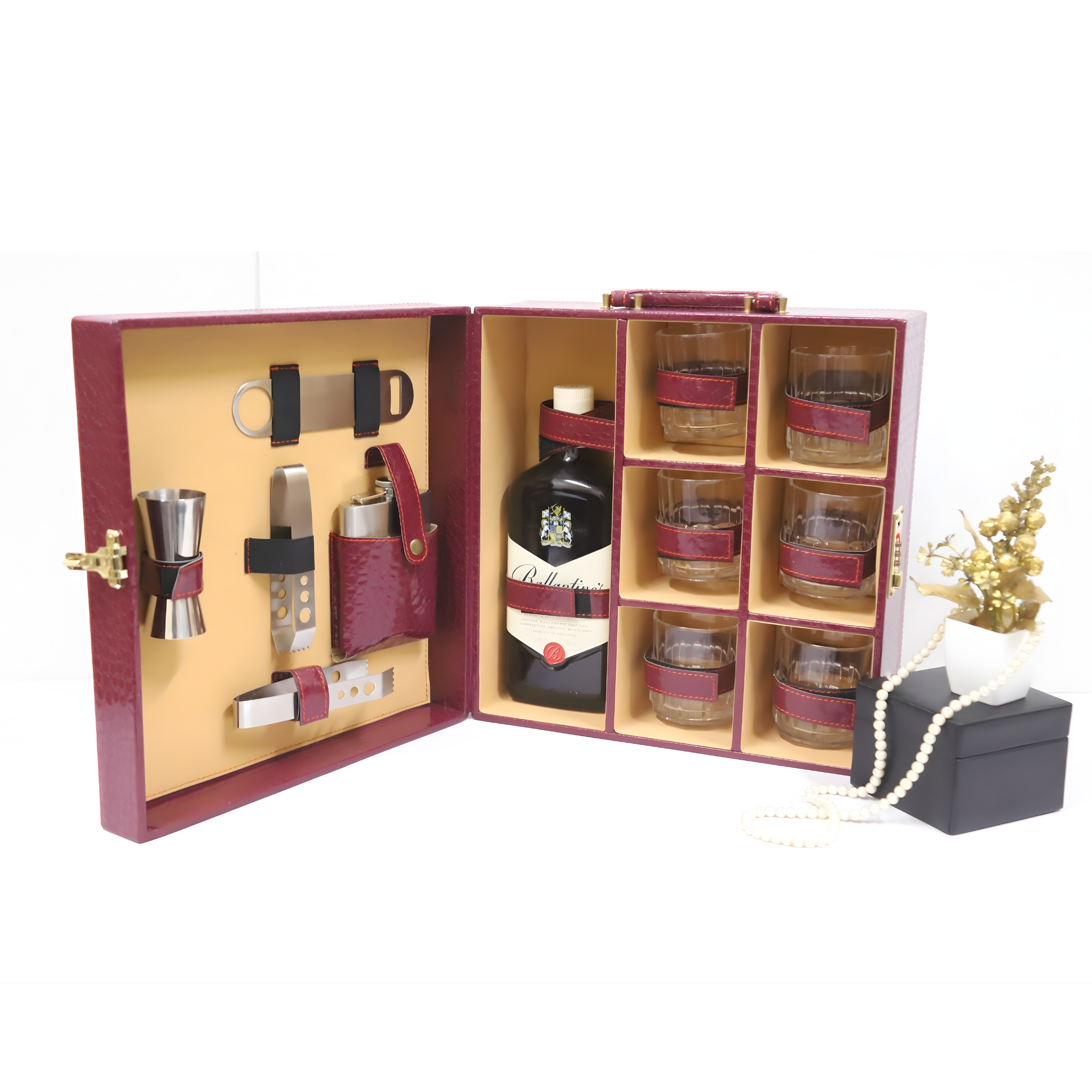 Leather 'O' Crafts Premium Cherry 6-Glass Wine Box – Croco Leather Luxury Bar Set | Complete Bar Kit for Gifting & Corporate Use