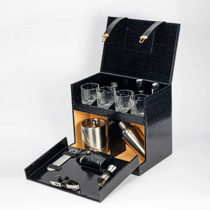 Leather 'O' Crafts Premium Home Bar Tools Set – 9-Piece Black Wooden Bar Kit | Open Flap Design