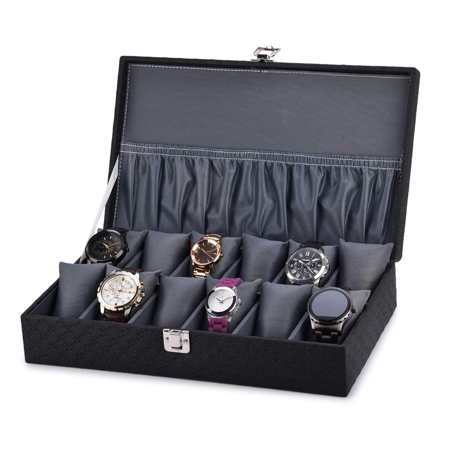 Black watch storage case with multiple compartments for watches on a white background
