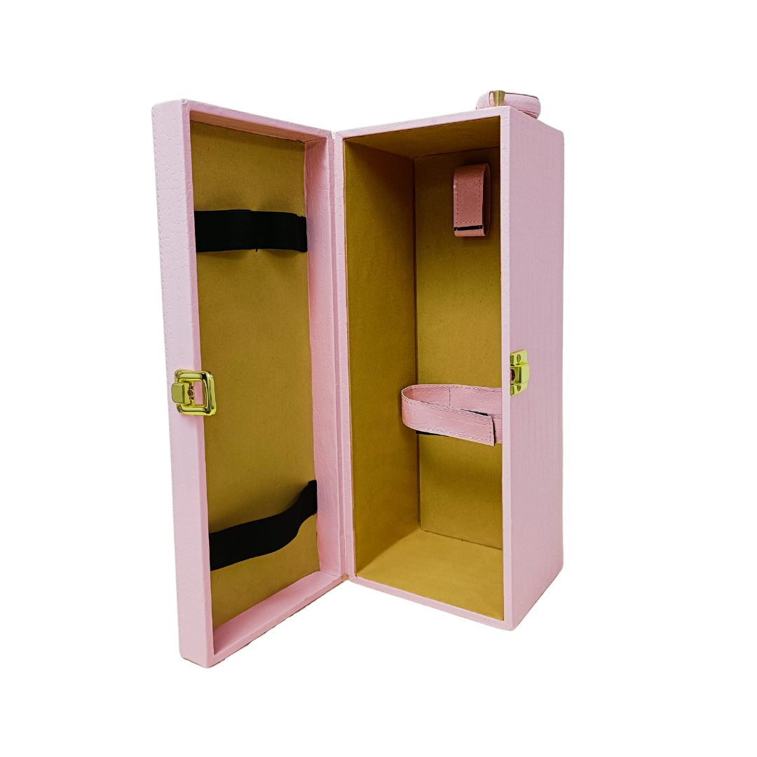 Premium Pink Single Bottle Wine Box – Luxury Croco Leather Bar Set with Shaker, Opener, Tong & Hip Flask