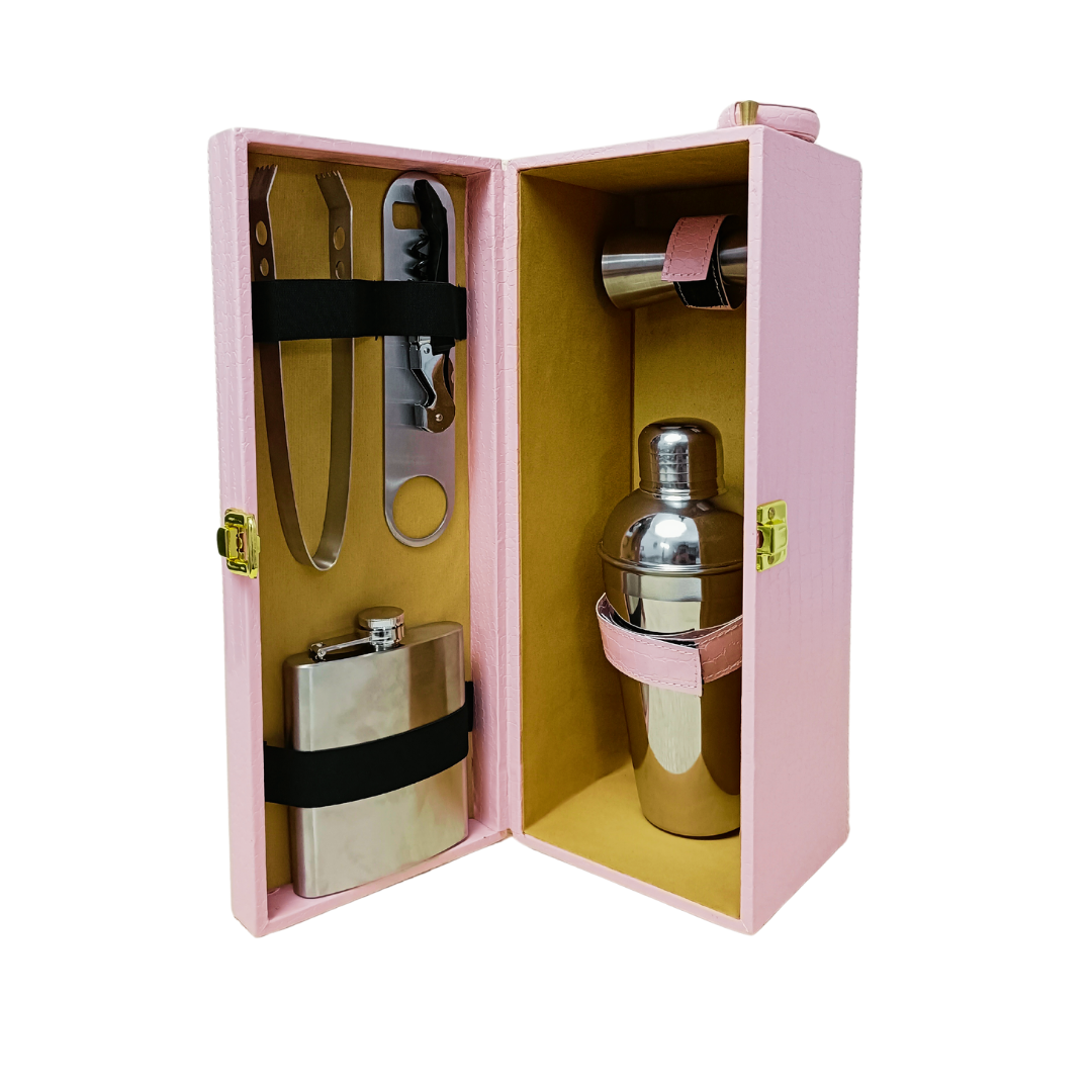 Premium Pink Single Bottle Wine Box – Luxury Croco Leather Bar Set with Shaker, Opener, Tong & Hip Flask