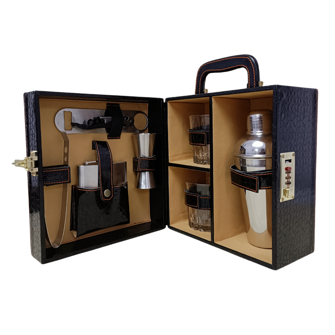 Leather 'O' Crafts Premium Brown Bar Set Wine Box – 2 Glasses, Shaker & Bar Accessories | Luxury Portable Bar Kit
