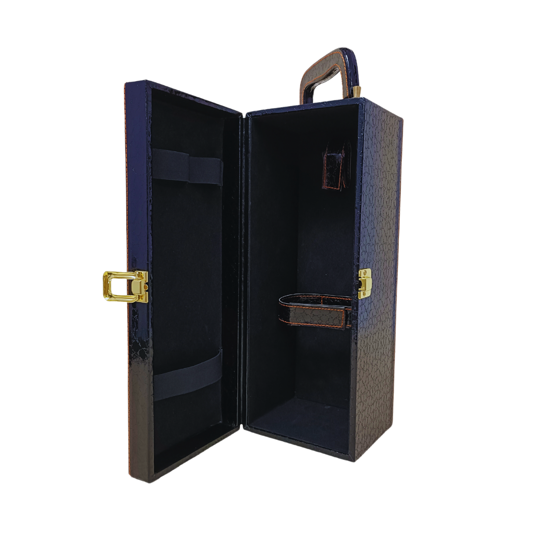 Single Bottle Wine Box – Premium Croco Black Leather Wine Gift Box with Handle | Luxury Bottle Packaging for Gifting & Corporate Use