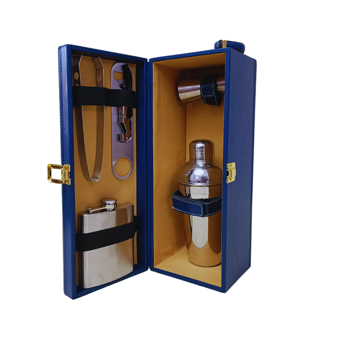 Premium Navy Blue Single Bottle Wine Box – Luxury Croco Leather Bar Set with Shaker, Opener, Tong & Hip Flask