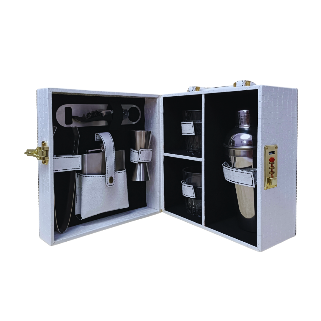 Leather 'O' Crafts Premium White Bar Set Wine Box – 2 Glasses, Shaker & Bar Accessories | Luxury Portable Bar Kit